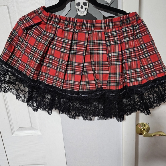 Hot Topic Red and Black Plaid Mini Skirt with Lace - Picture 3 of 4